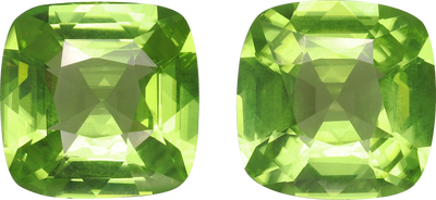 Cushion cut peridot, 9.1 by 9.1 mm, shown at actual size