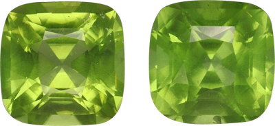 Cushion cut peridot, 9 by 9 mm, shown at actual size
