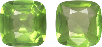 Cushion cut peridot, 9.1 by 9.1 mm, shown at actual size