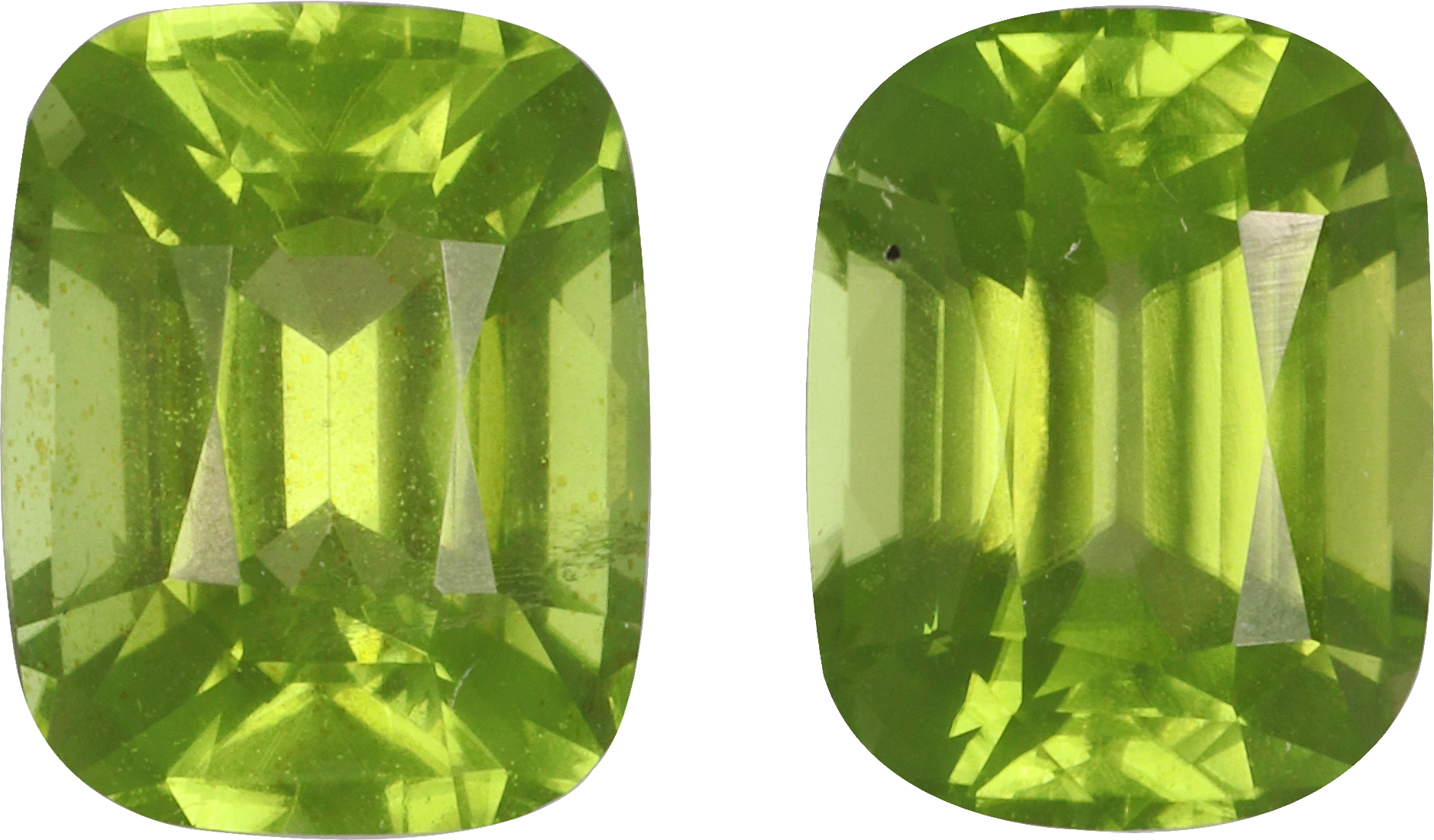 Cushion cut peridot, 9.2 by 7.2 mm, shown at actual size