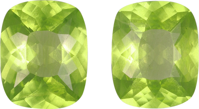 Cushion cut peridot, 10.1 by 8.1 mm, shown at actual size