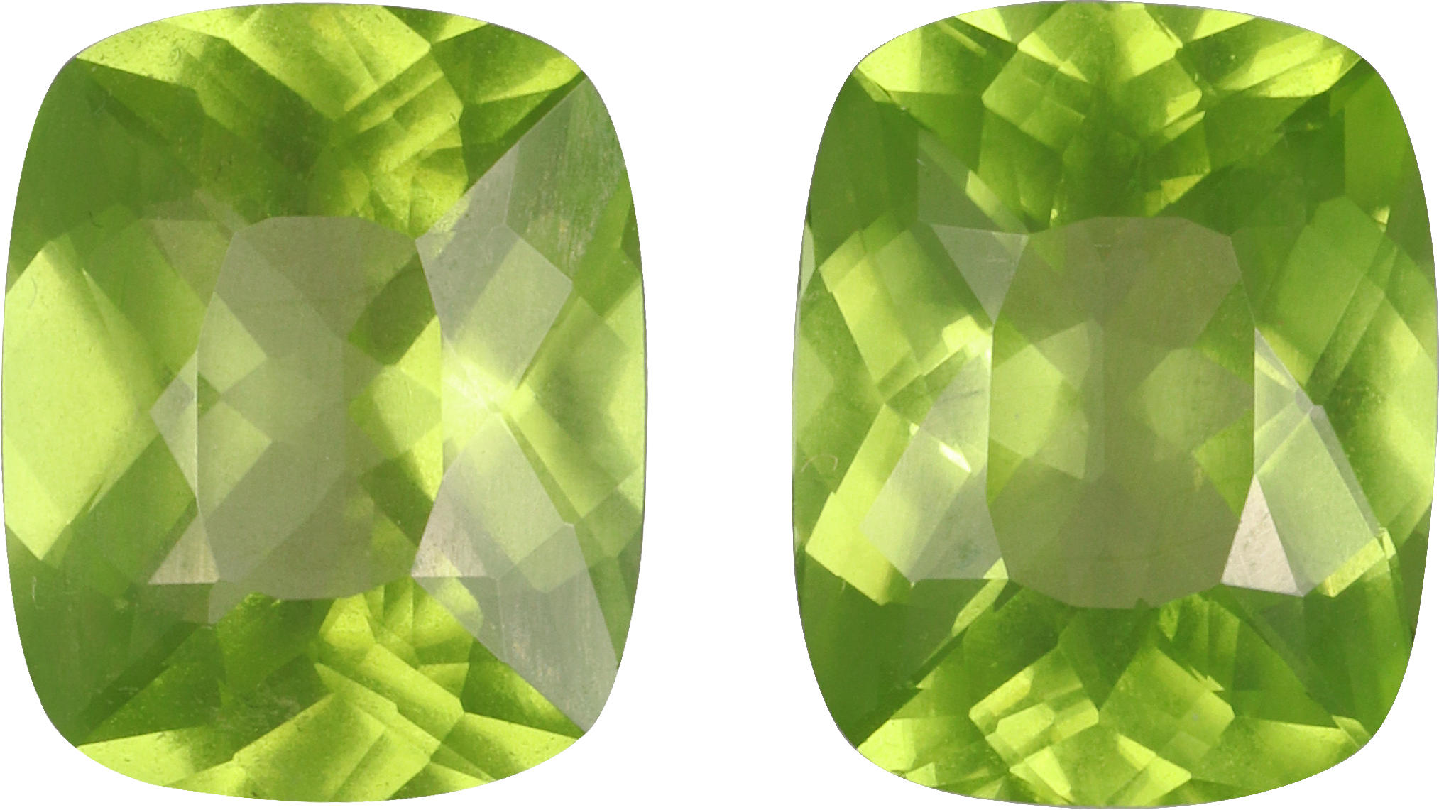 Cushion cut peridot, 10.1 by 8.1 mm, shown at actual size