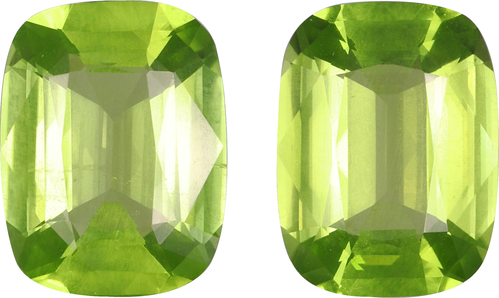 Cushion cut peridot, 10.7 by 8.2 mm, shown at actual size
