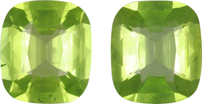 Cushion cut peridot, 9.4 by 8.3 mm, shown at actual size