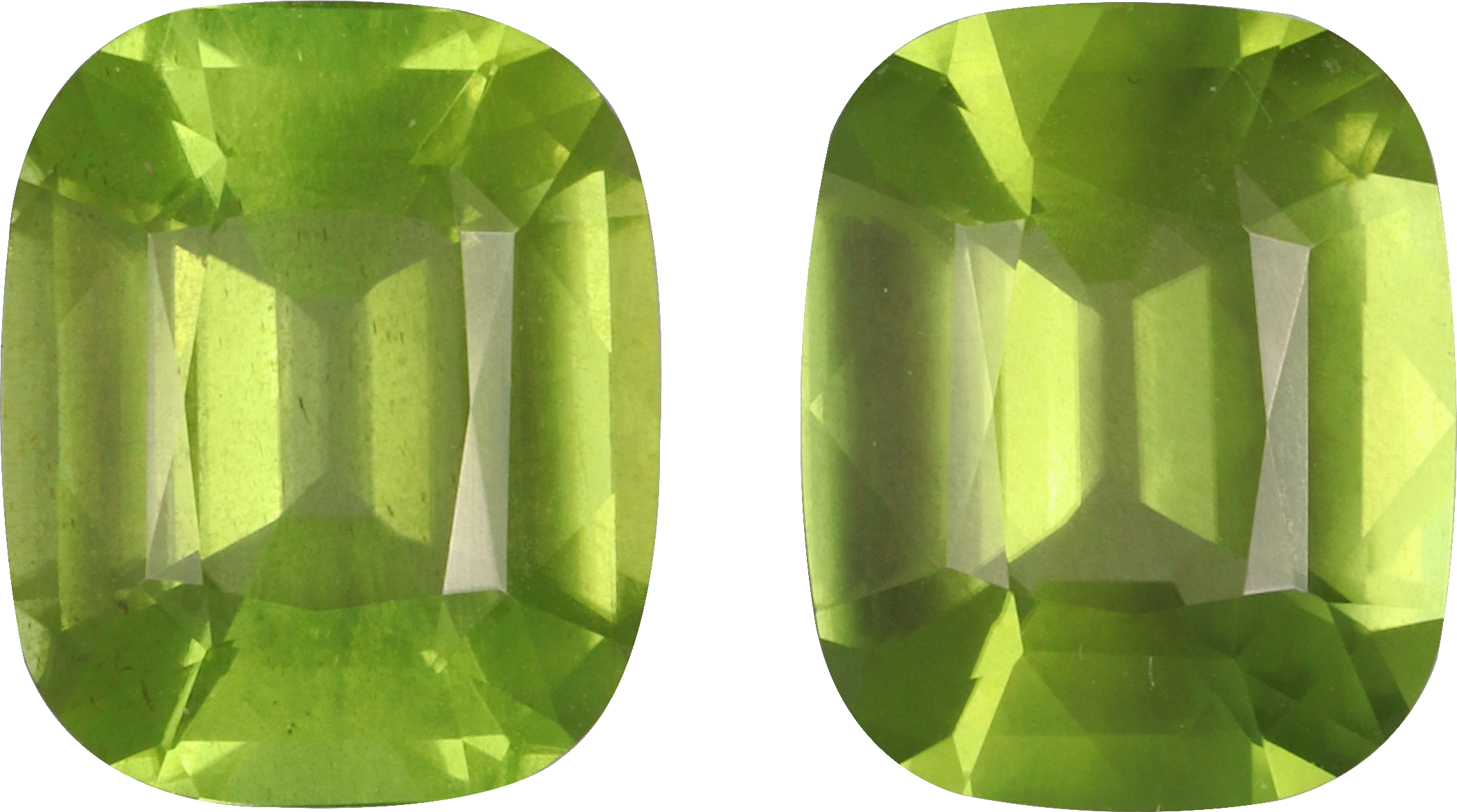 Cushion cut peridot, 9.9 by 8.1 mm, shown at actual size
