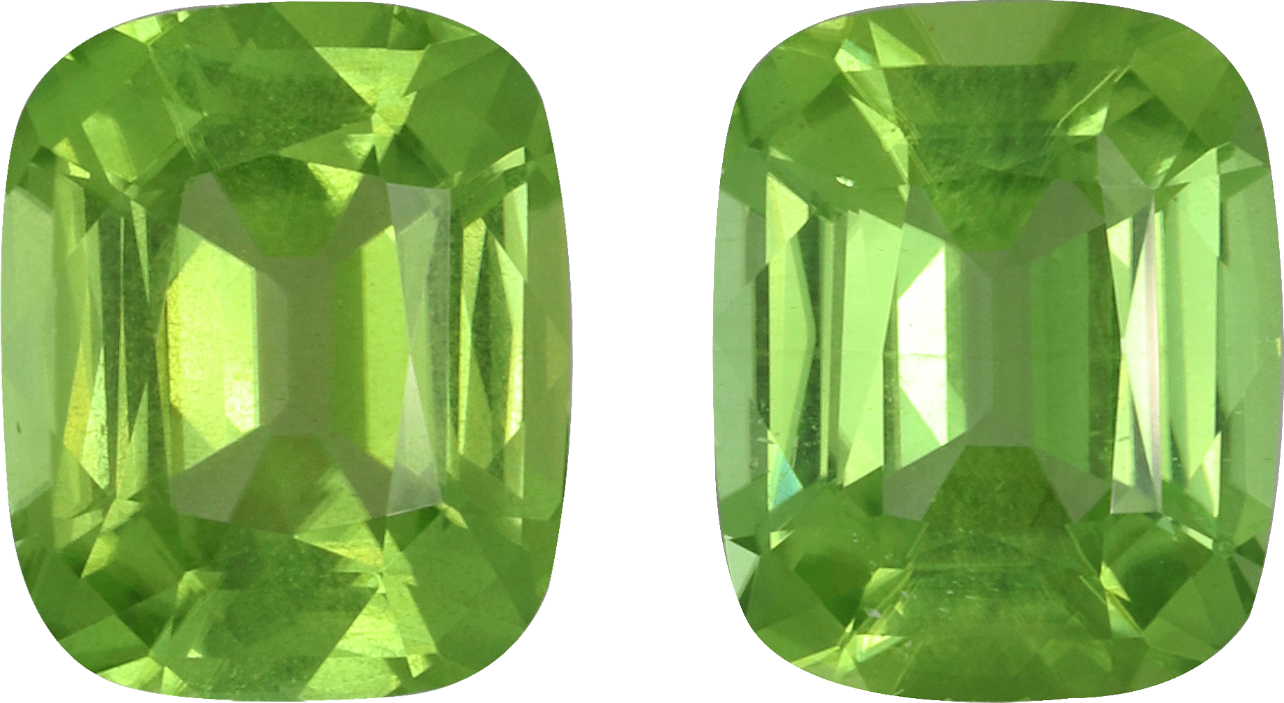 Cushion cut peridot, 10 by 8.1 mm, shown at actual size