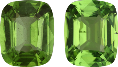Cushion cut peridot, 10.5 by 8.5 mm, shown at actual size