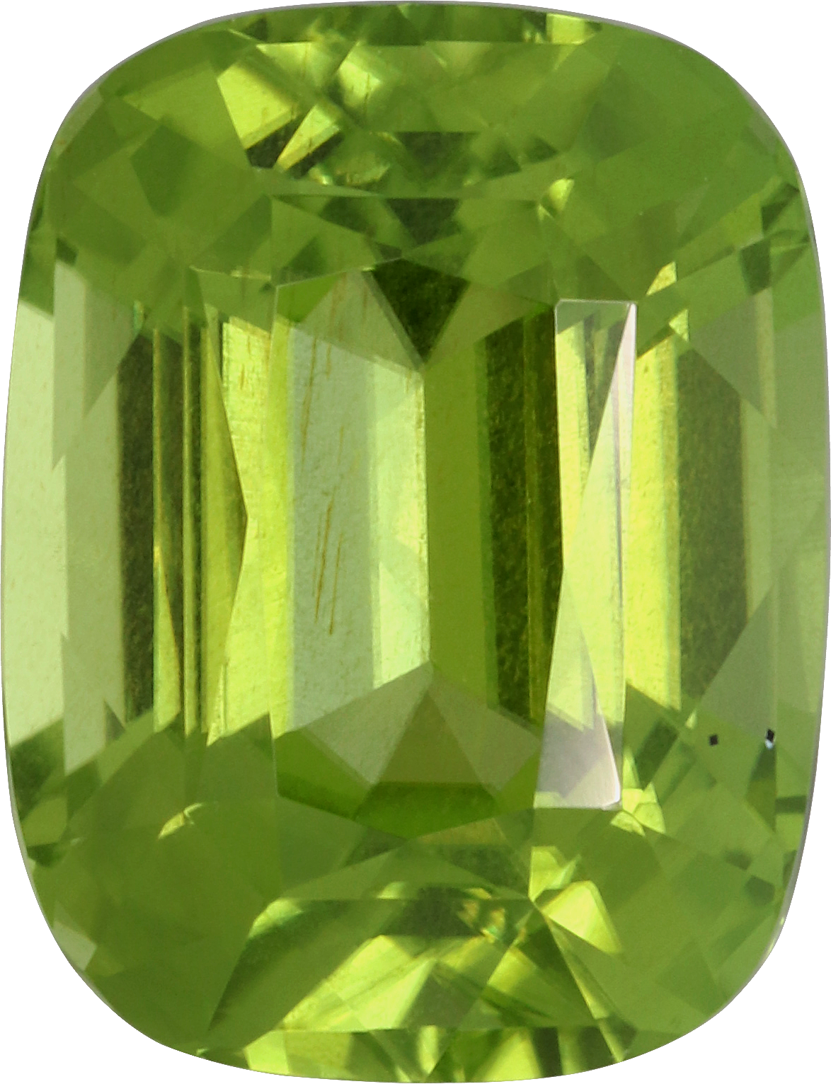 Cushion cut peridot, 10.16 by 7.76 mm, shown at actual size