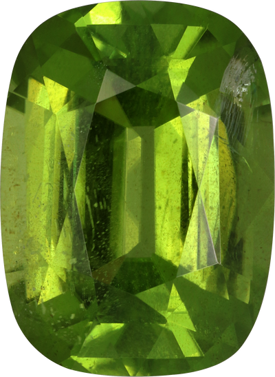 Cushion cut peridot, 12.8 by 9.4 mm, shown at actual size