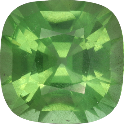 Cushion cut peridot, 12.54 by 12.5 mm, shown at actual size