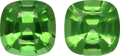 Cushion cut peridot, 14.51 by 14.51 mm, shown at actual size