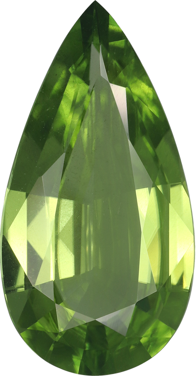 Pear cut peridot, 24.92 by 13.01 mm, shown at actual size