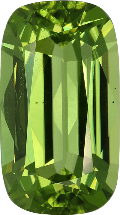 Cushion cut peridot, 15.06 by 8.39 mm, shown at actual size