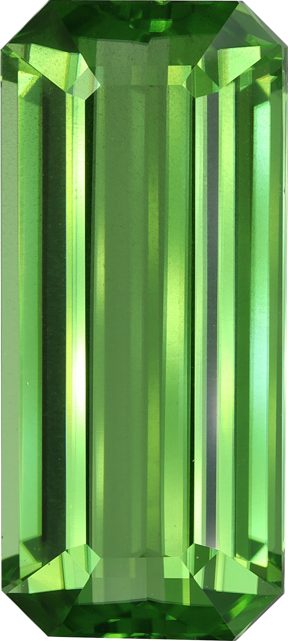 Rectangular cut peridot, 26.45 by 11.91 mm, shown at actual size