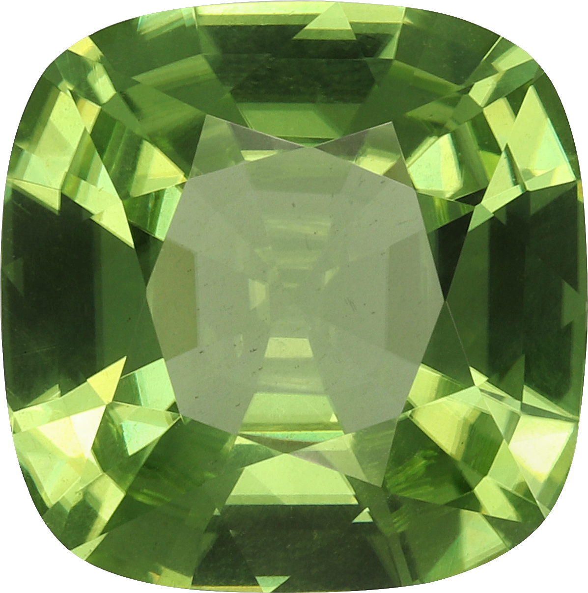 Cushion cut peridot, 13.11 by 13.02 mm, shown at actual size