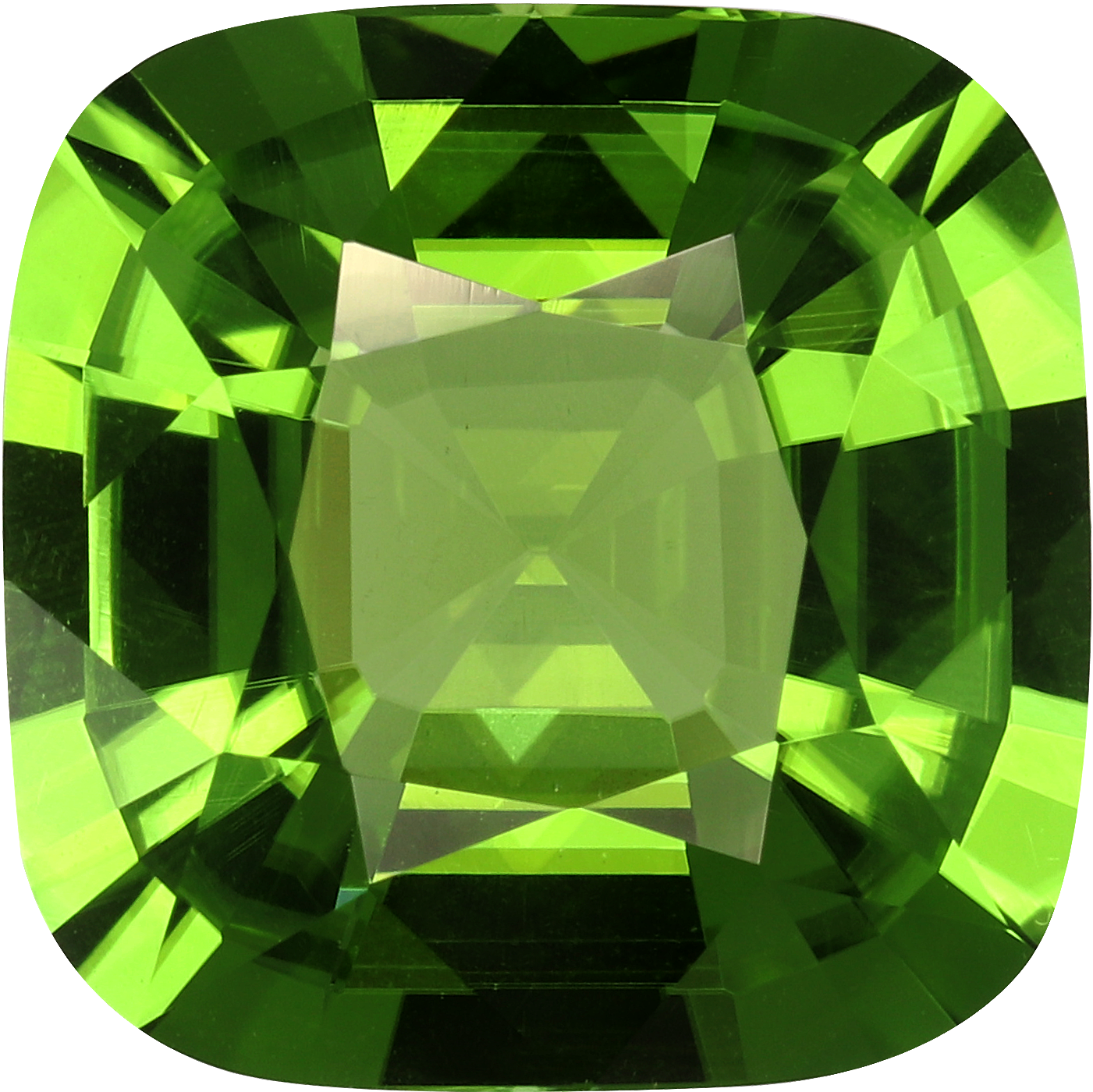 Cushion cut peridot, 12 by 11.99 mm, shown at actual size