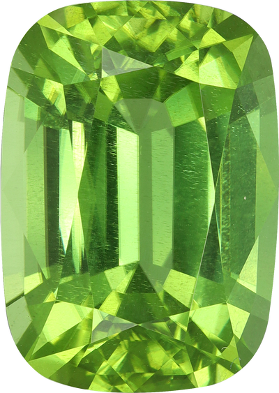 Cushion cut peridot, 16.89 by 12.02 mm, shown at actual size