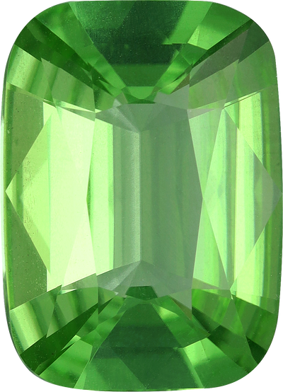 Cushion cut peridot, 16.84 by 12.21 mm, shown at actual size