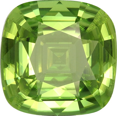 Cushion cut peridot, 12.25 by 12.14 mm, shown at actual size