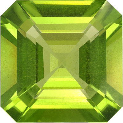 Square cut peridot, 13.14 by 13.08 mm, shown at actual size
