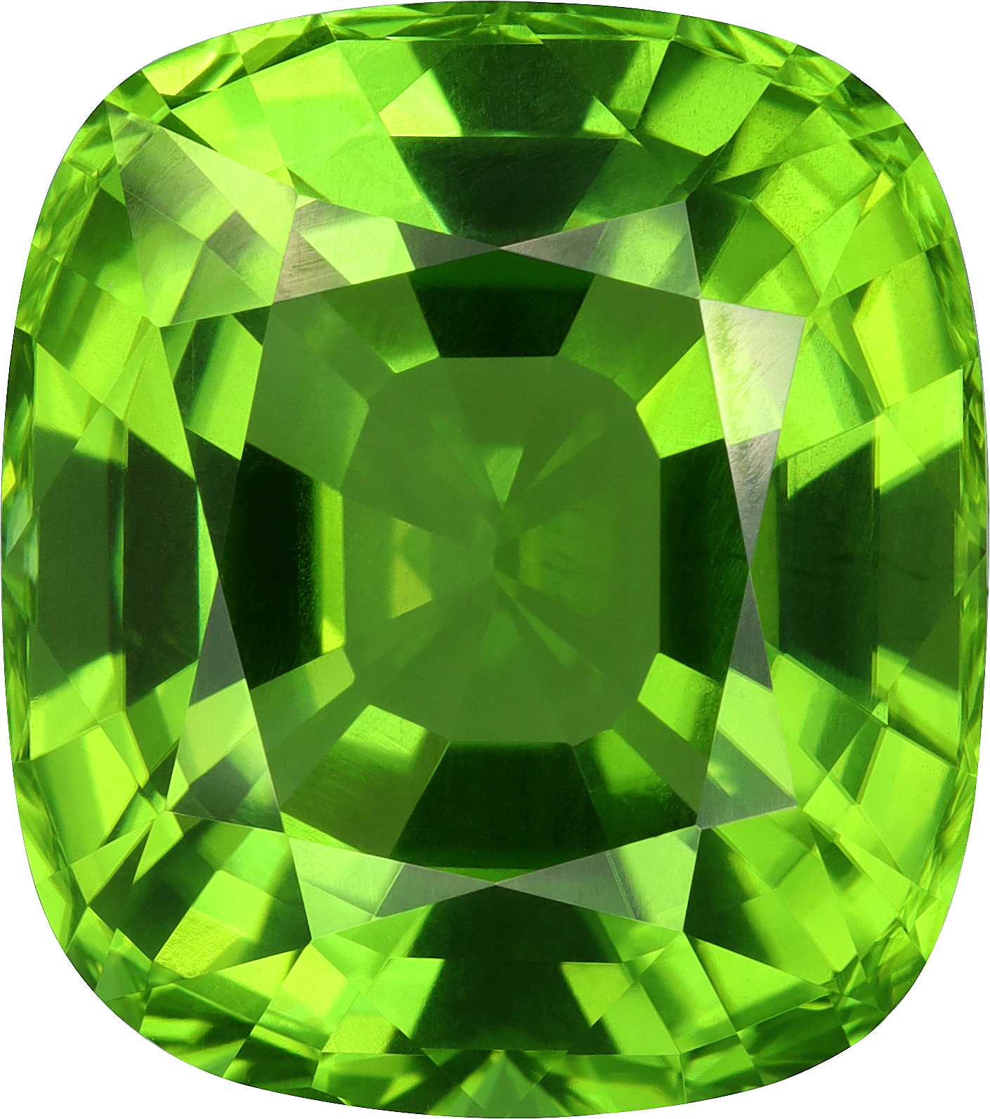 Cushion cut peridot, 16.14 by 14.32 mm, shown at actual size