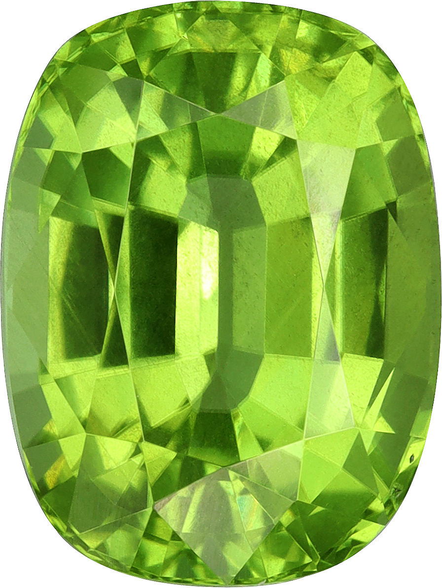 Cushion cut peridot, 11.45 by 8.63 mm, shown at actual size