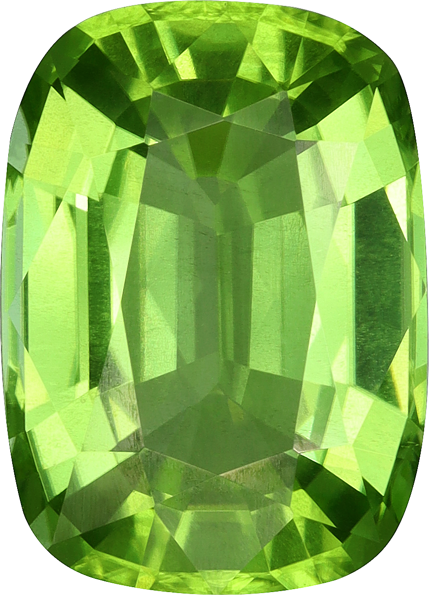 Cushion cut peridot, 11.81 by 8.48 mm, shown at actual size