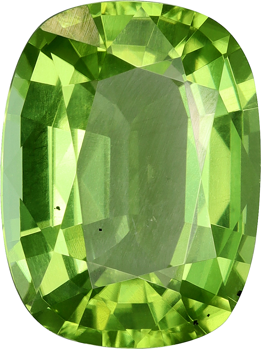 Cushion cut peridot, 11.58 by 8.68 mm, shown at actual size