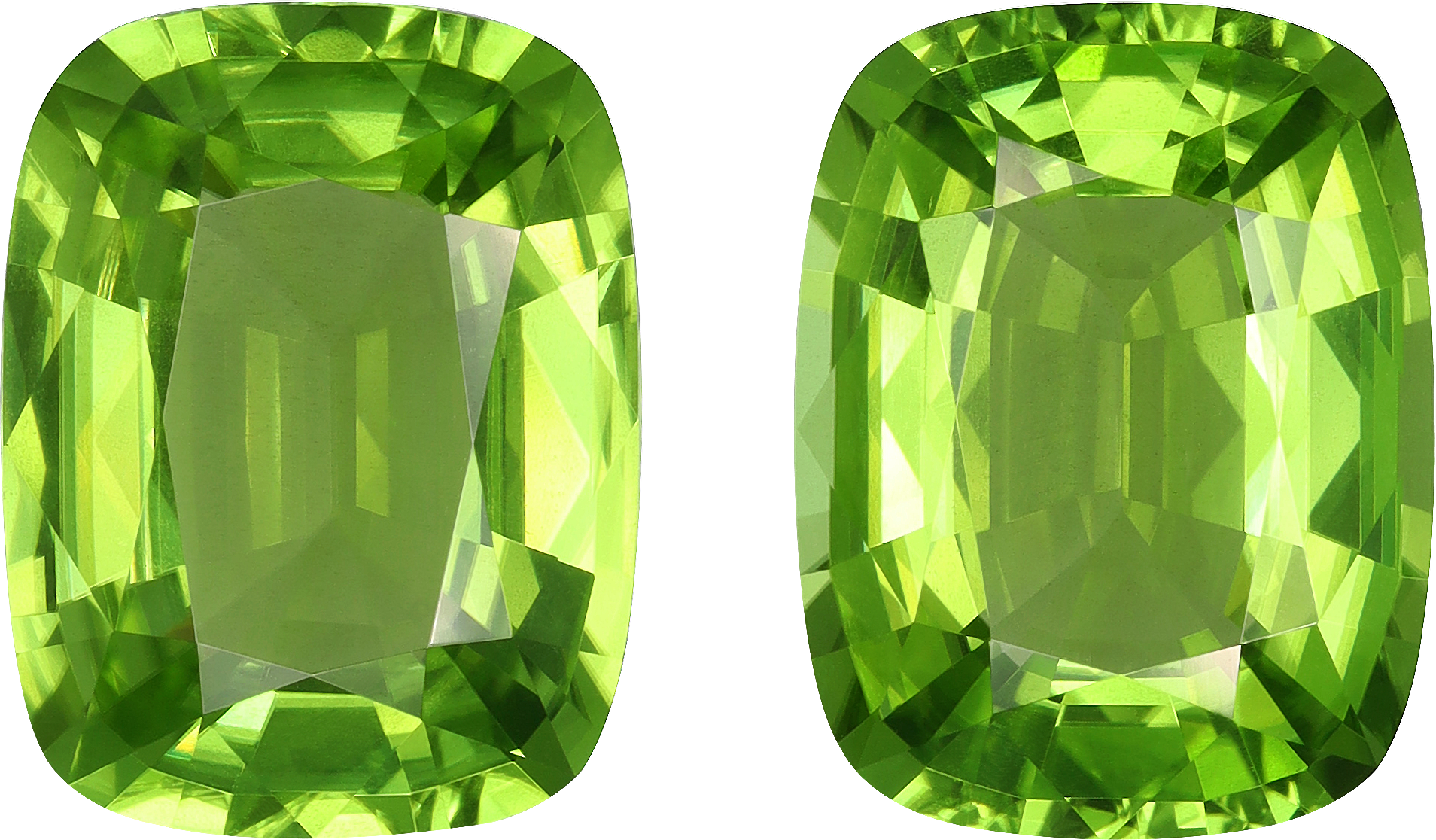 Cushion cut peridot, 14.55 by 11.09 mm, shown at actual size
