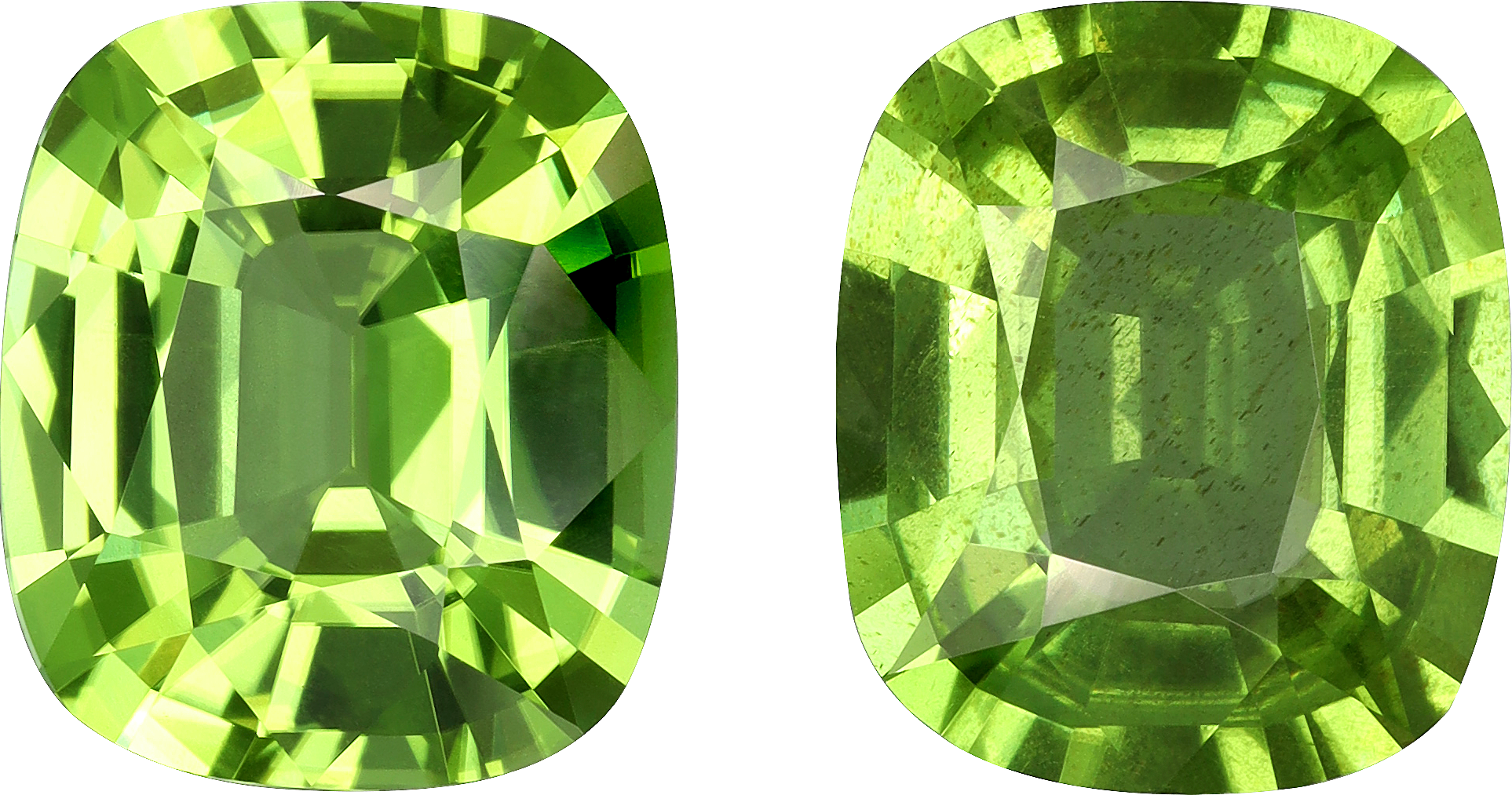 Cushion cut peridot, 11.26 by 9.74 mm, shown at actual size