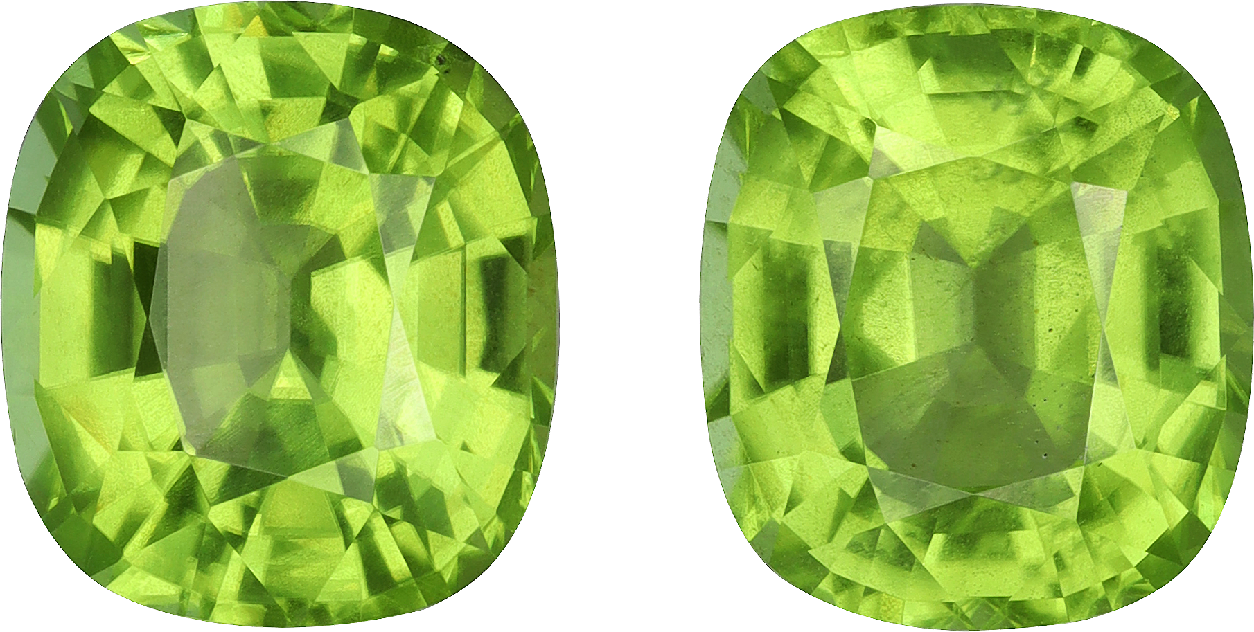 Cushion cut peridot, 10.02 by 8.93 mm, shown at actual size