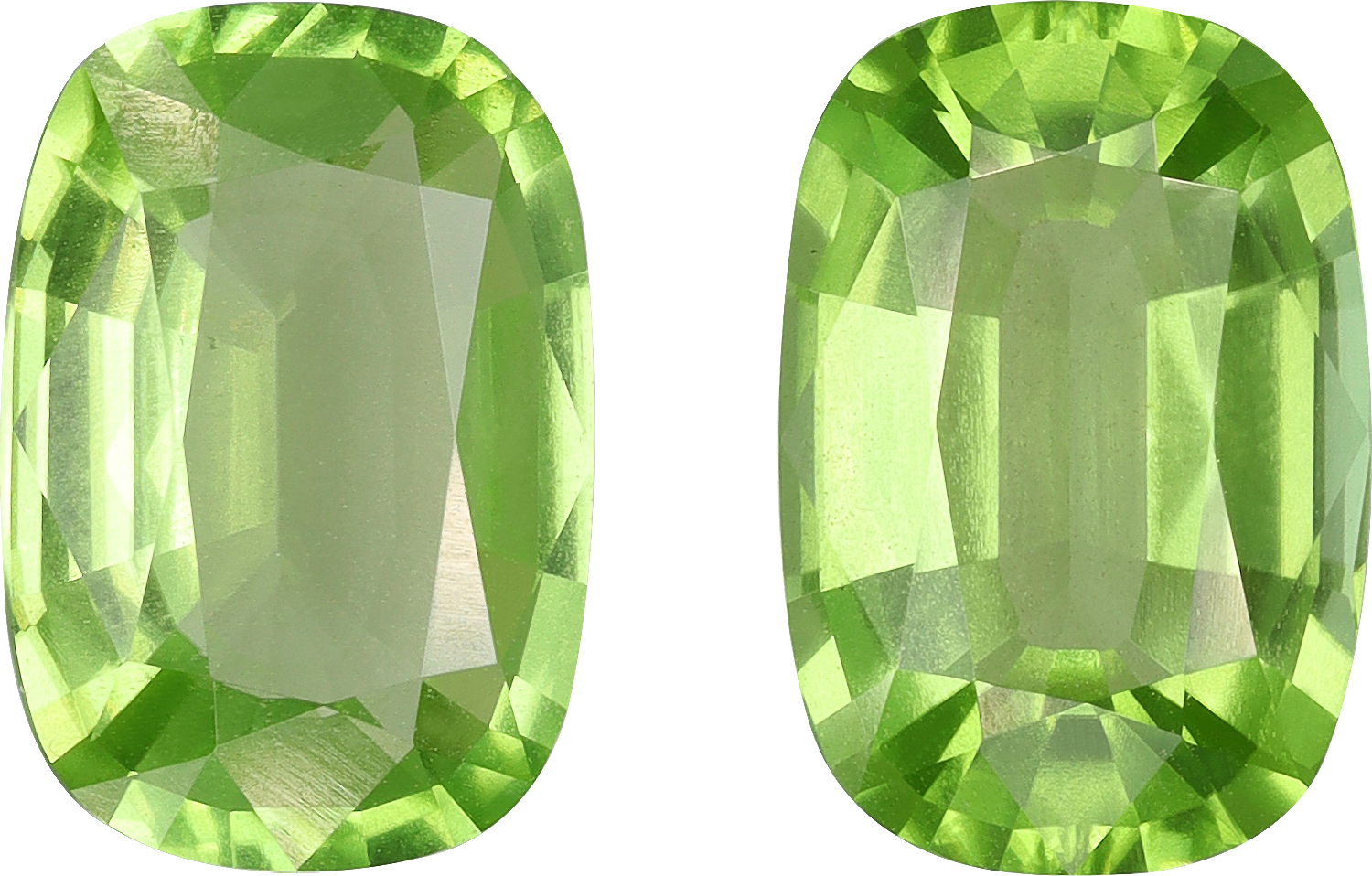Cushion cut peridot, 10.91 by 7.54 mm, shown at actual size