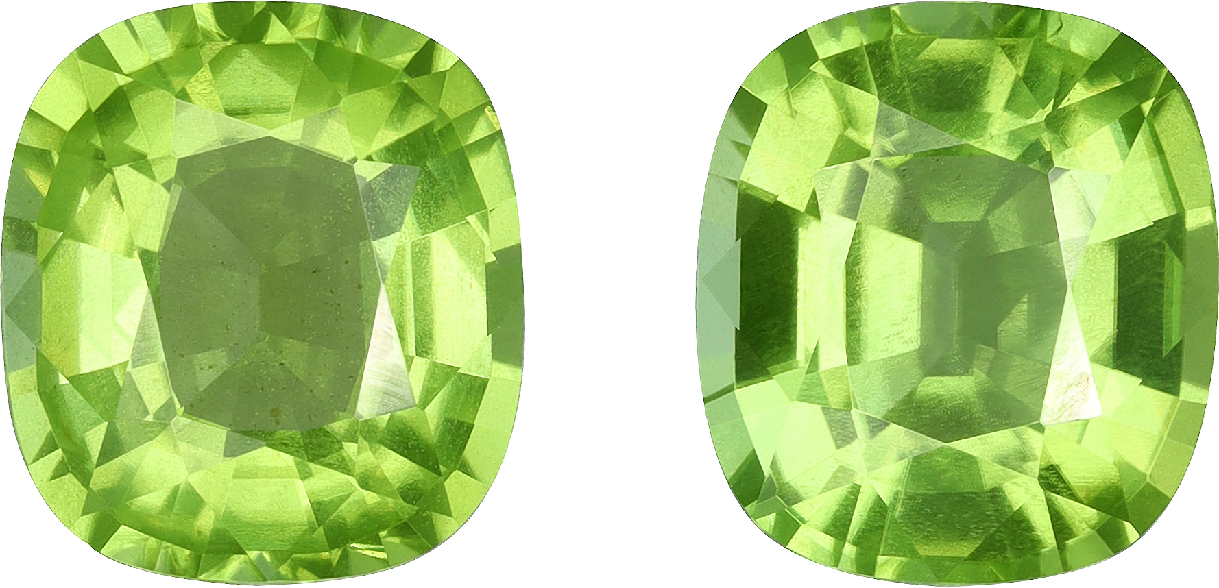 Cushion cut peridot, 9.51 by 8.5 mm, shown at actual size
