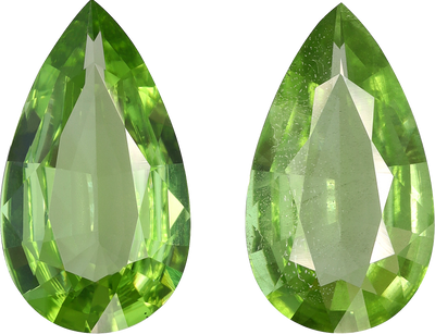 Pear cut peridot, 13.71 by 7.85 mm, shown at actual size