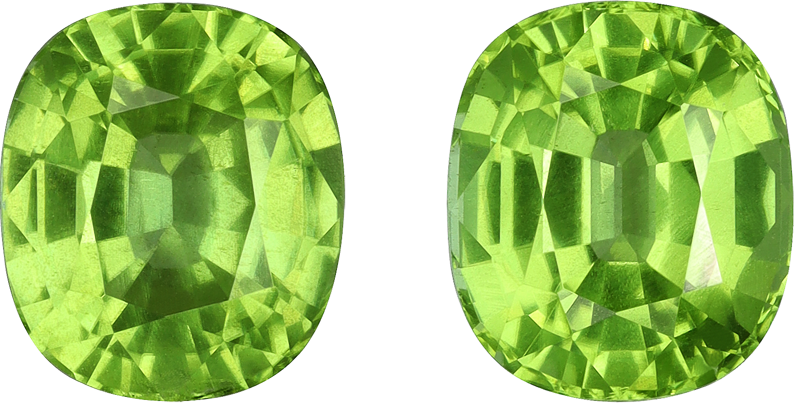 Cushion cut peridot, 8.64 by 7.46 mm, shown at actual size