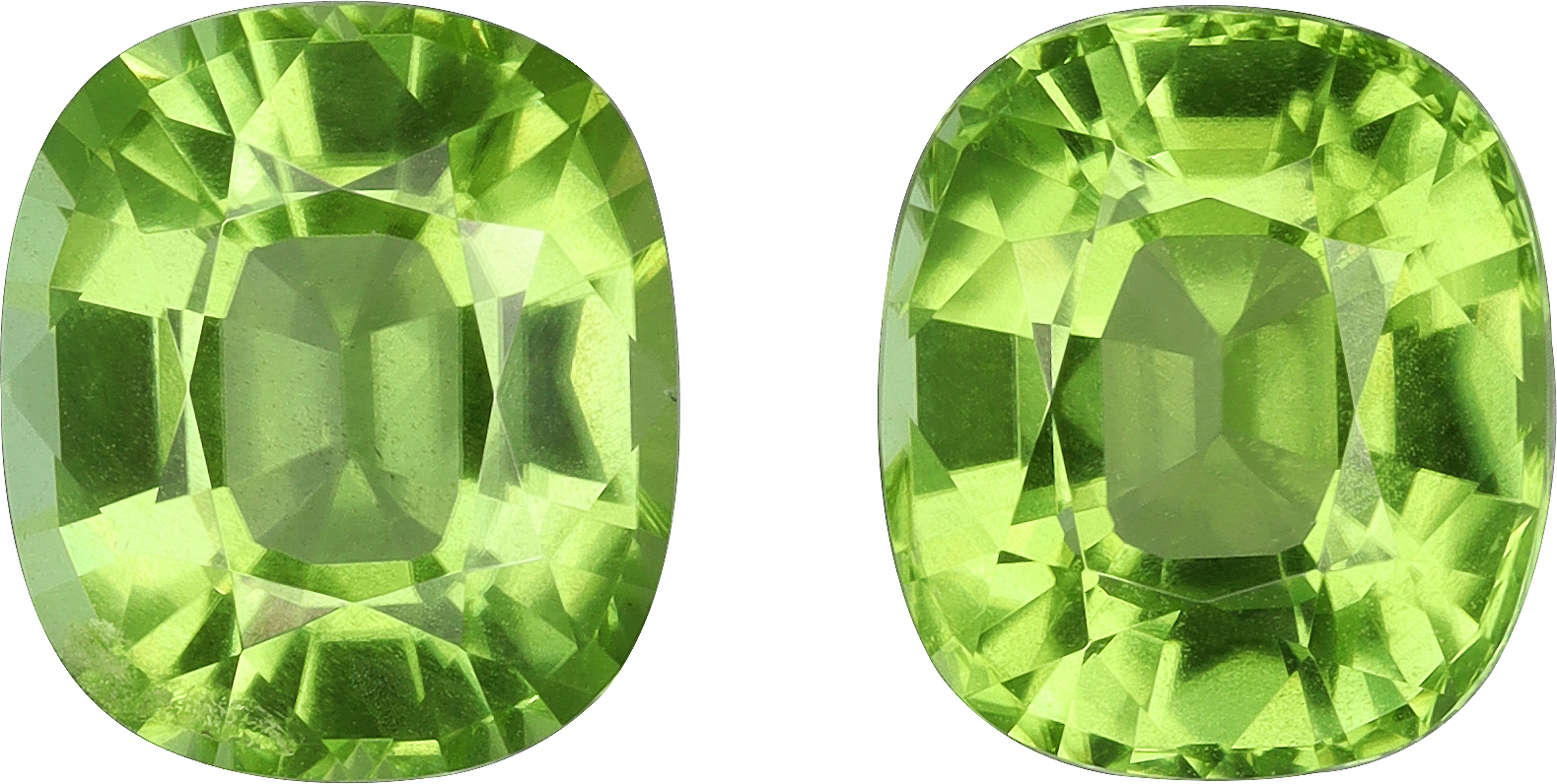 Cushion cut peridot, 8.78 by 7.67 mm, shown at actual size