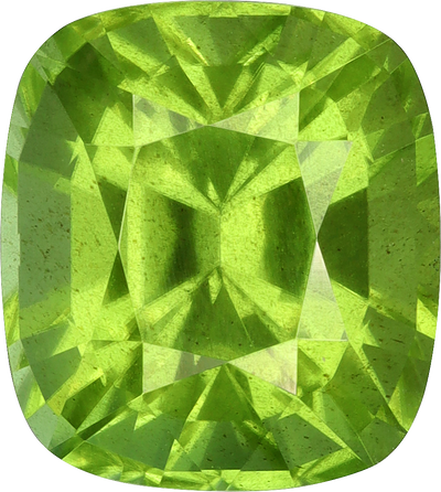 Cushion cut peridot, 9.75 by 8.73 mm, shown at actual size