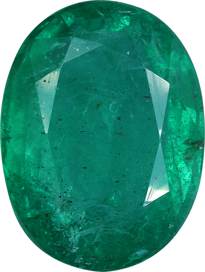 Oval cut zambian emerald, 13.41 by 10.08 mm, shown at actual size