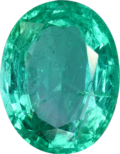 Oval cut zambian emerald, 9.89 by 7.71 mm, shown at actual size