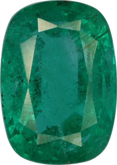 Cushion cut zambian emerald, 10.93 by 7.78 mm, shown at actual size