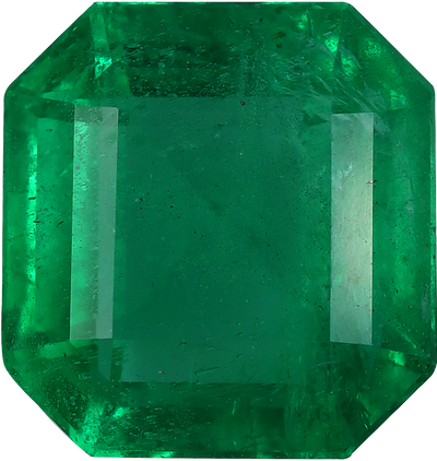 Rectangular cut zambian emerald, 8.81 by 8.36 mm, shown at actual size