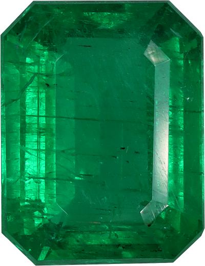 Rectangular cut zambian emerald, 9.86 by 7.58 mm, shown at actual size