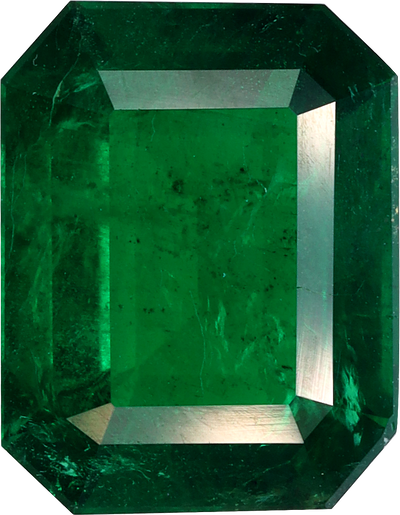Rectangular cut zambian emerald, 10.1 by 7.86 mm, shown at actual size