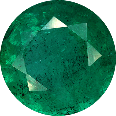 Round cut zambian emerald, 14.37 by 14.25 mm, shown at actual size