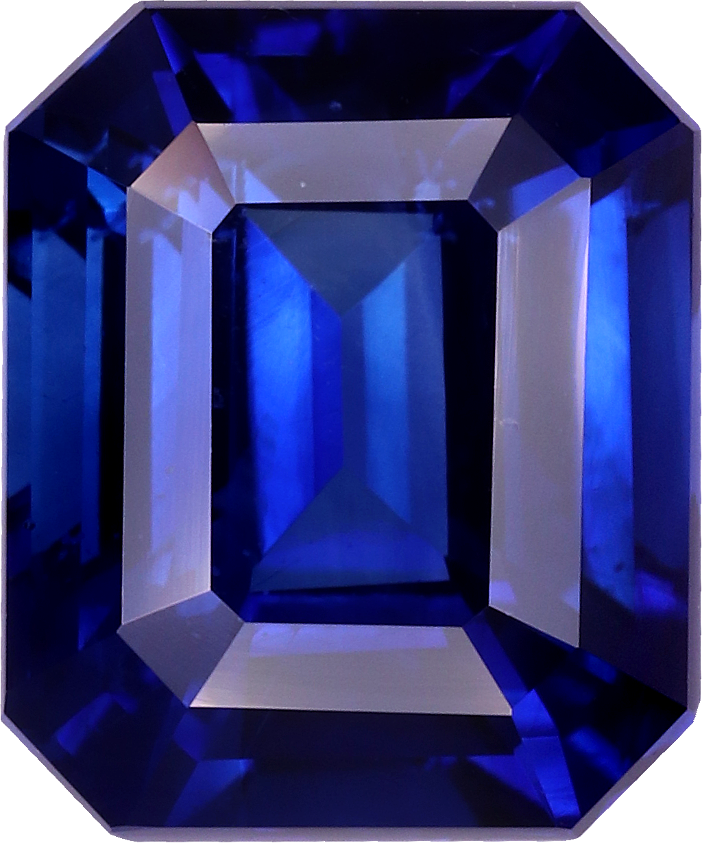 Rectangular cut blue sapphire, 7.75 by 6.47 mm, shown at actual size