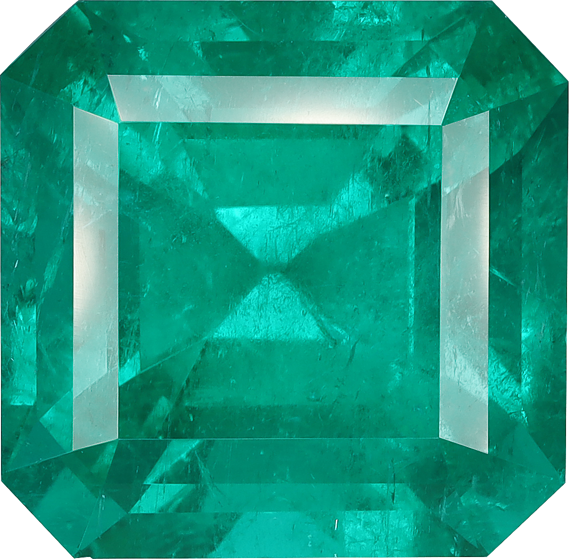 Square cut zambian emerald, 17.5 by 17.2 mm, shown at actual size