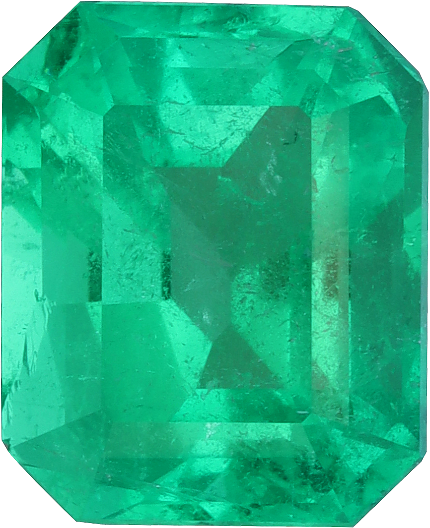 Rectangular cut colombian emerald, 8.97 by 7.36 mm, shown at actual size