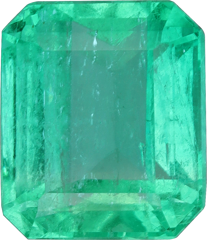 Rectangular cut colombian emerald, 8.16 by 7.03 mm, shown at actual size