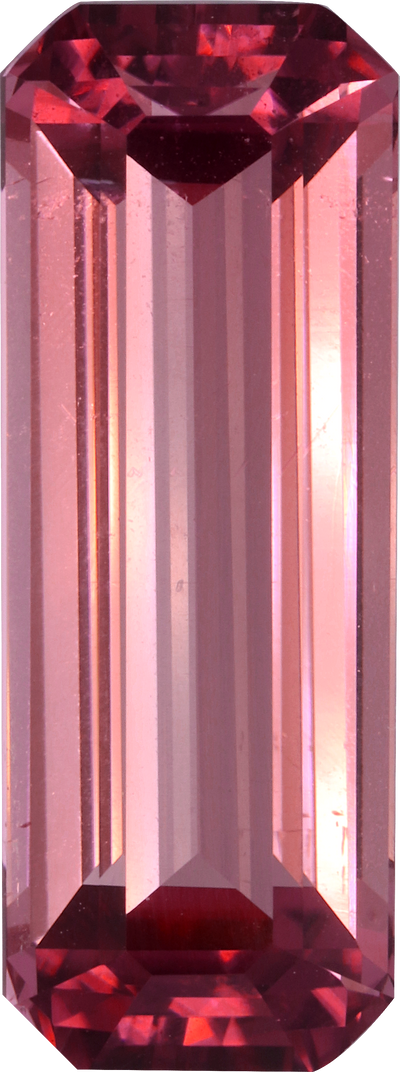 Rectangular cut pink tourmaline, 23.22 by 8.6 mm, shown at actual size