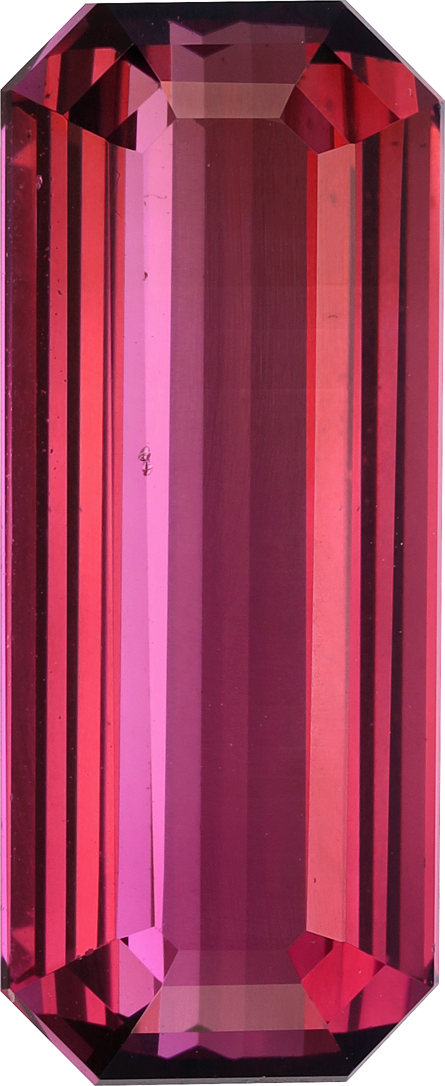 Rectangular cut pink tourmaline, 19.6 by 8.1 mm, shown at actual size